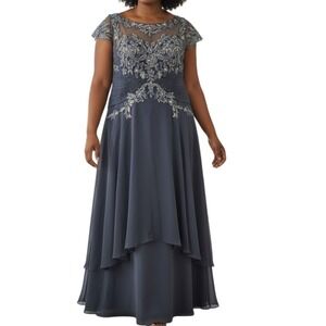 a line formal midi dress ZAPAKA Women Ivory Formal Dress with Short Sleeves Jacquard Round Neck A-Line Midi Length Prom Dress, Ivory / US14 main image 0